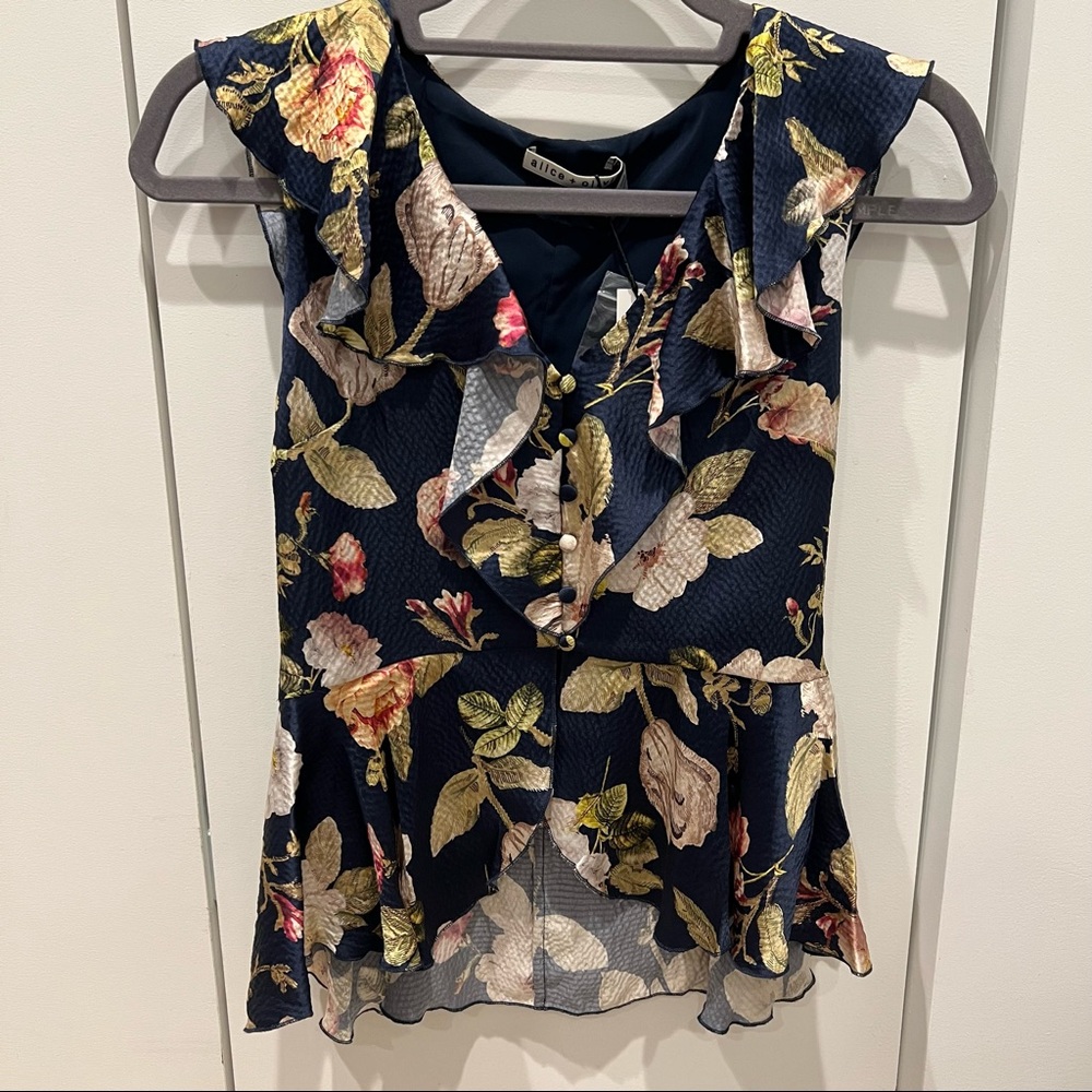 Navy Blue Floral Alice and Olivia Silk Top